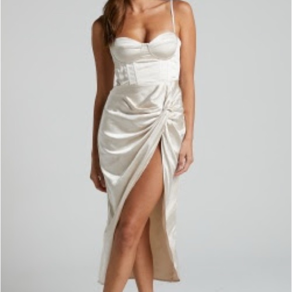 NWT Showpo Cream Midi Knot Front Split Corset Dress